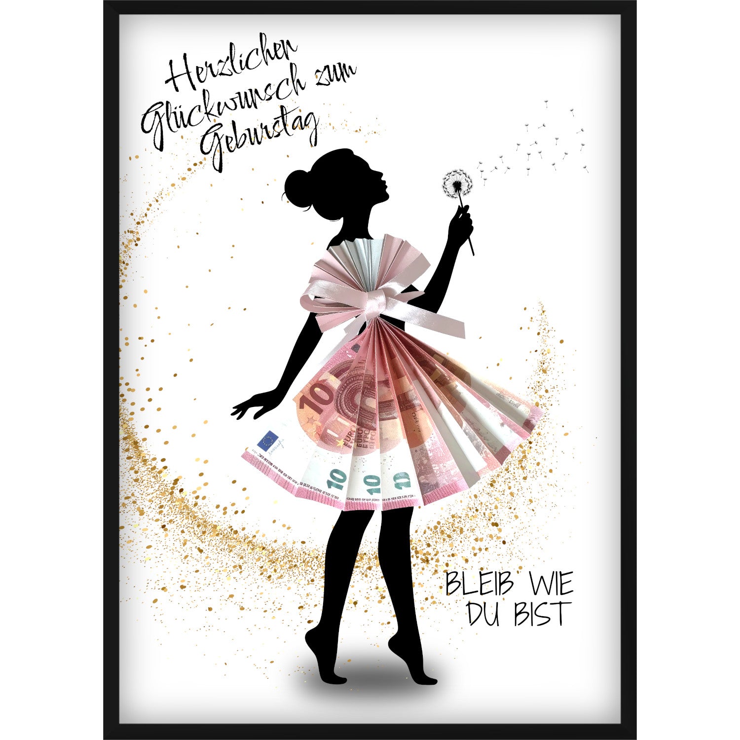 Geldgeschenk zum Geburtstag | Frau-Silhouette mit Pusteblume