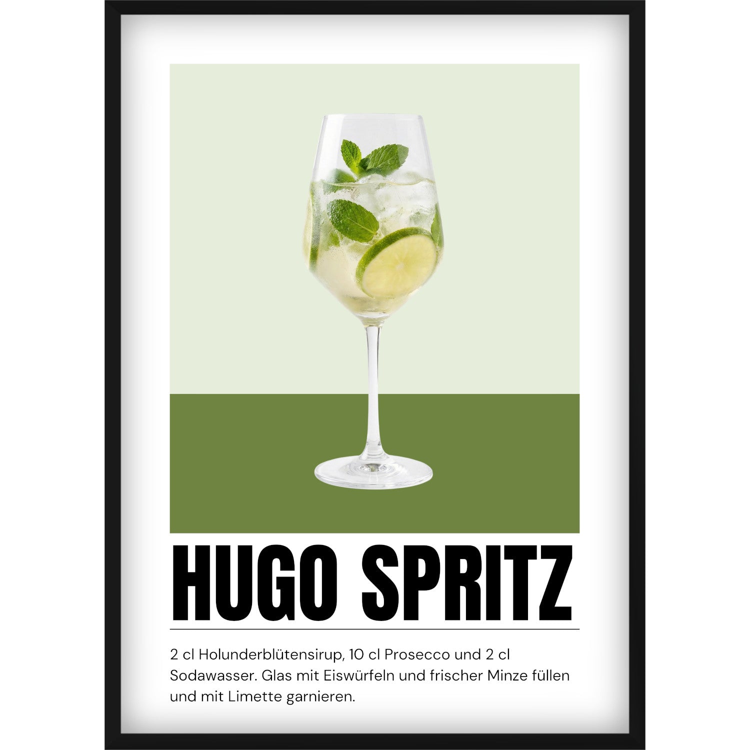 Hugo Spritz Poster mit Rezept – Stilvolle Küchen-Deko & Wandbild für die Hausbar – Modernes Cocktail-Print Design in Grün