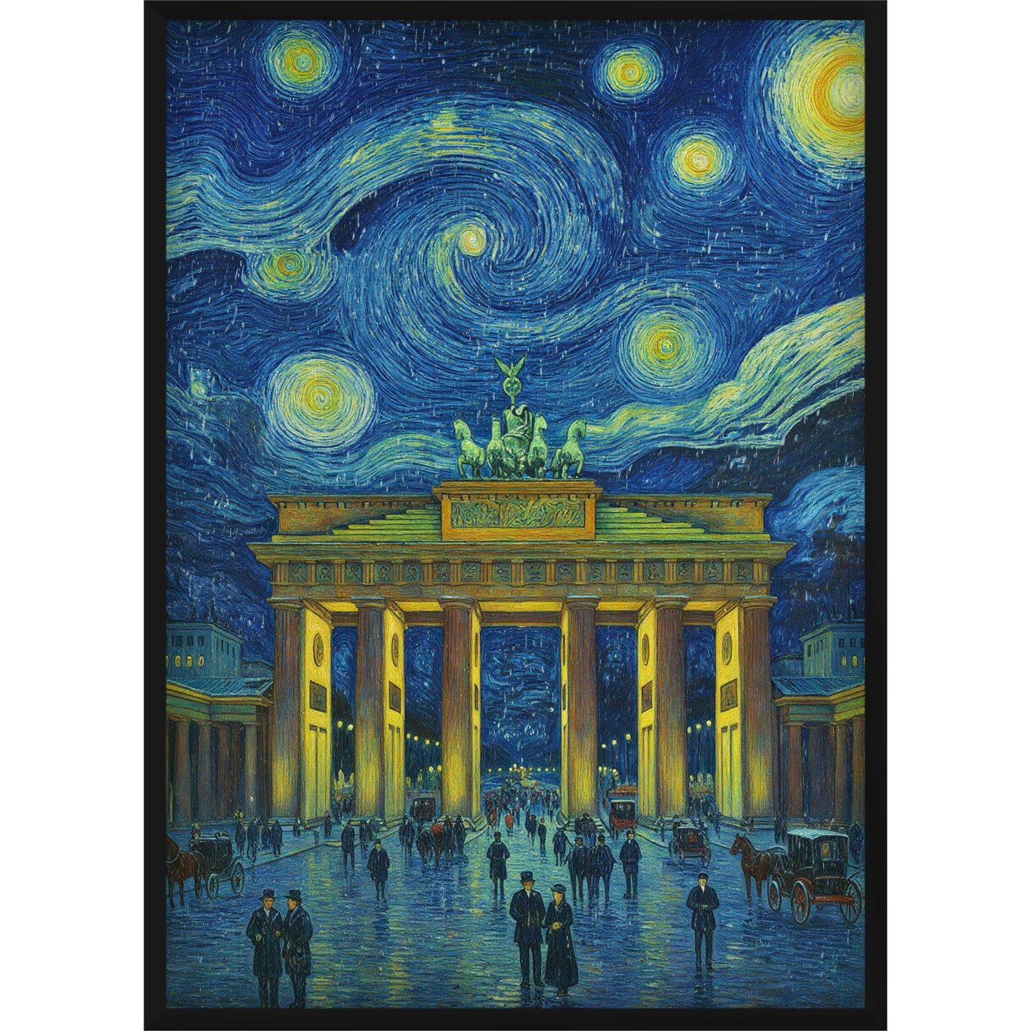 Kunstdruck Brandenburger Tor Berlin im Van Gogh Stil – Sternennacht Design – Modernes Wahrzeichen Poster – Blau Gelbe Wanddeko