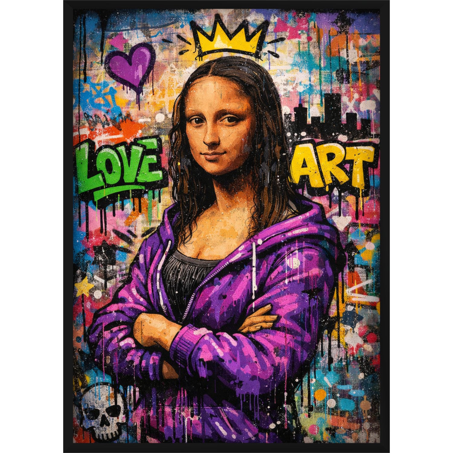 Kunstdruck Mona Lisa Street Art  – Modernes Graffiti Design „Love Art“ mit Krone & Hoodie
