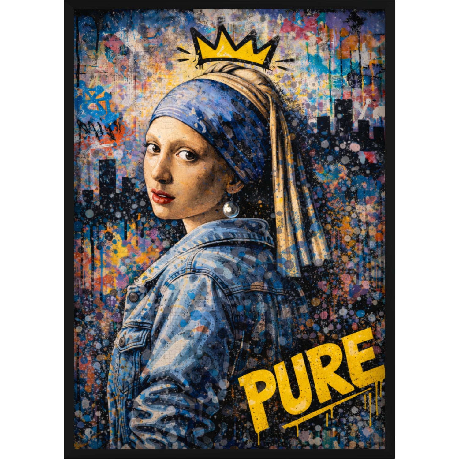 Kunstdruck Das Mädchen mit dem Perlenohrring Street Art – Modernes Graffiti Design „PURE“ mit Krone & Denim Jacket