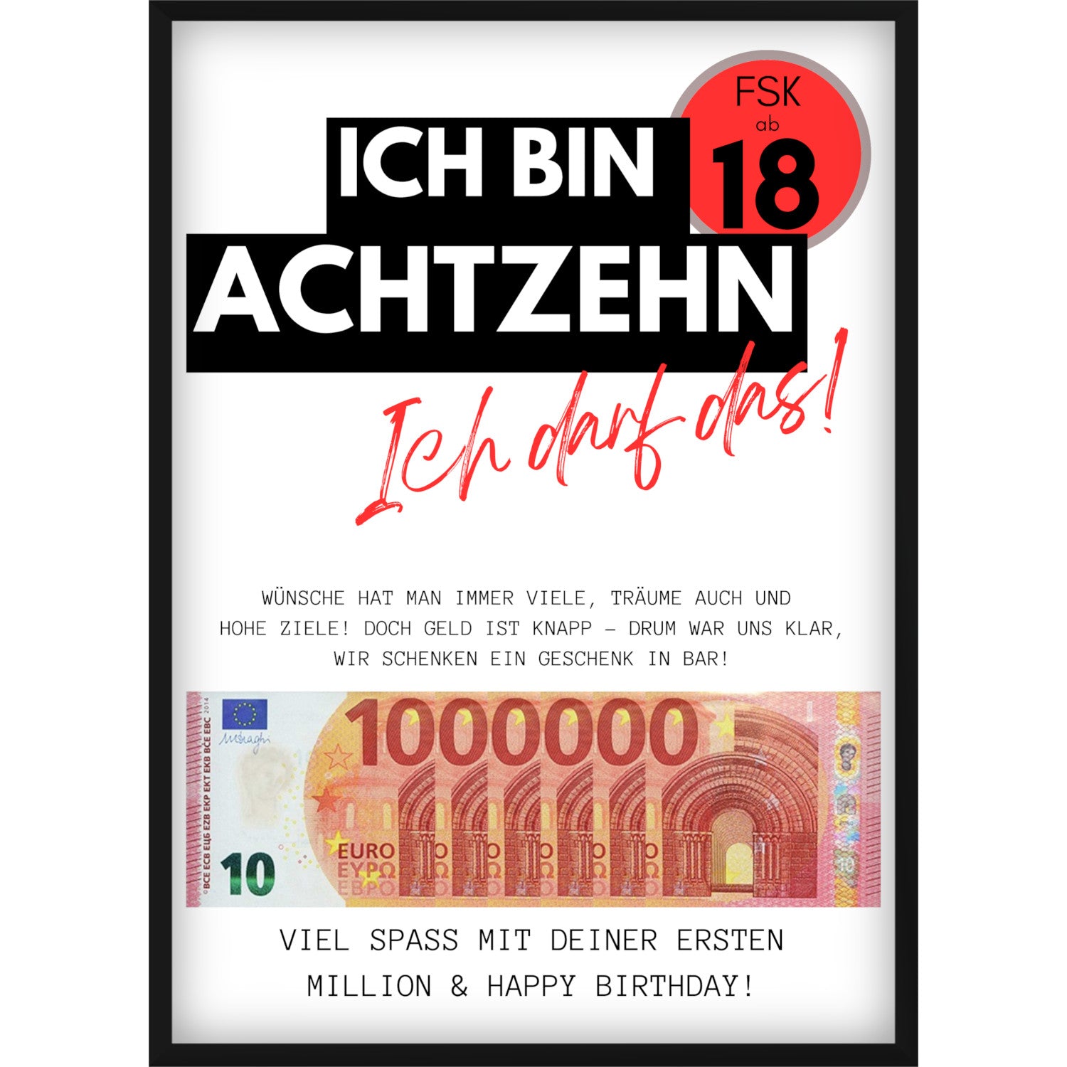 Geldgeschenk 18. Geburtstag mit versteckter Nachricht – Personalisiertes Poster "Erste Million"