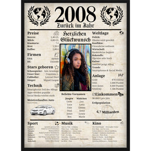 Personalisiertes Poster zum 18. Geburtstag Geschenk – Zeitung 2008 mit eigenem Foto & Name