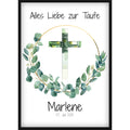 Geldgeschenk Taufe Bild mit Kreuz-Ausschnitt, Personalisiert mit Name & Datum, Eukalyptus Kranz, Geschenk Taufpaten