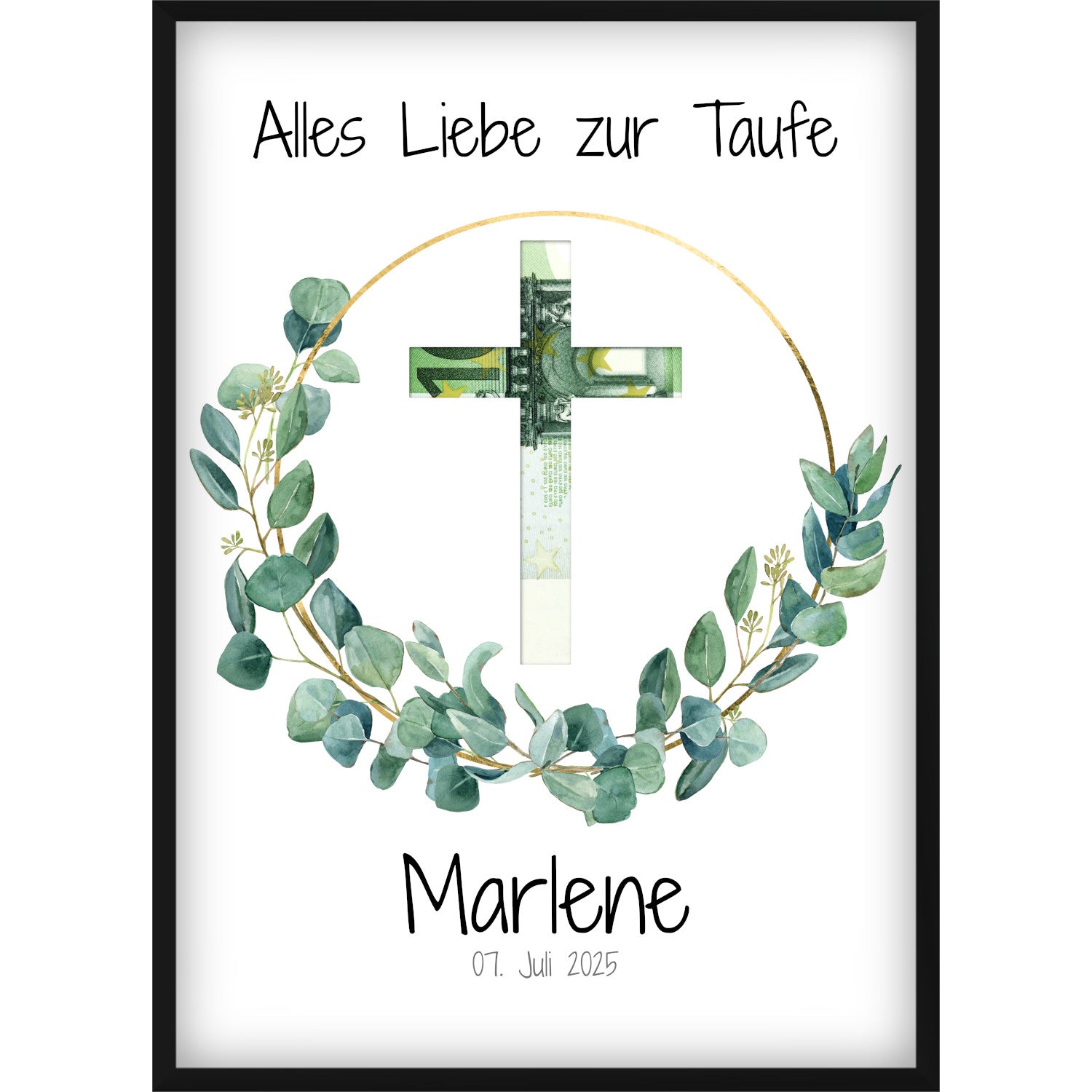 Geldgeschenk Taufe Bild mit Kreuz-Ausschnitt, Personalisiert mit Name & Datum, Eukalyptus Kranz, Geschenk Taufpaten