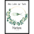 Geldgeschenk Taufe Bild mit Fisch-Ausschnitt, Personalisiert mit Name & Datum, Eukalyptus Kranz, Geschenk Taufpaten,
