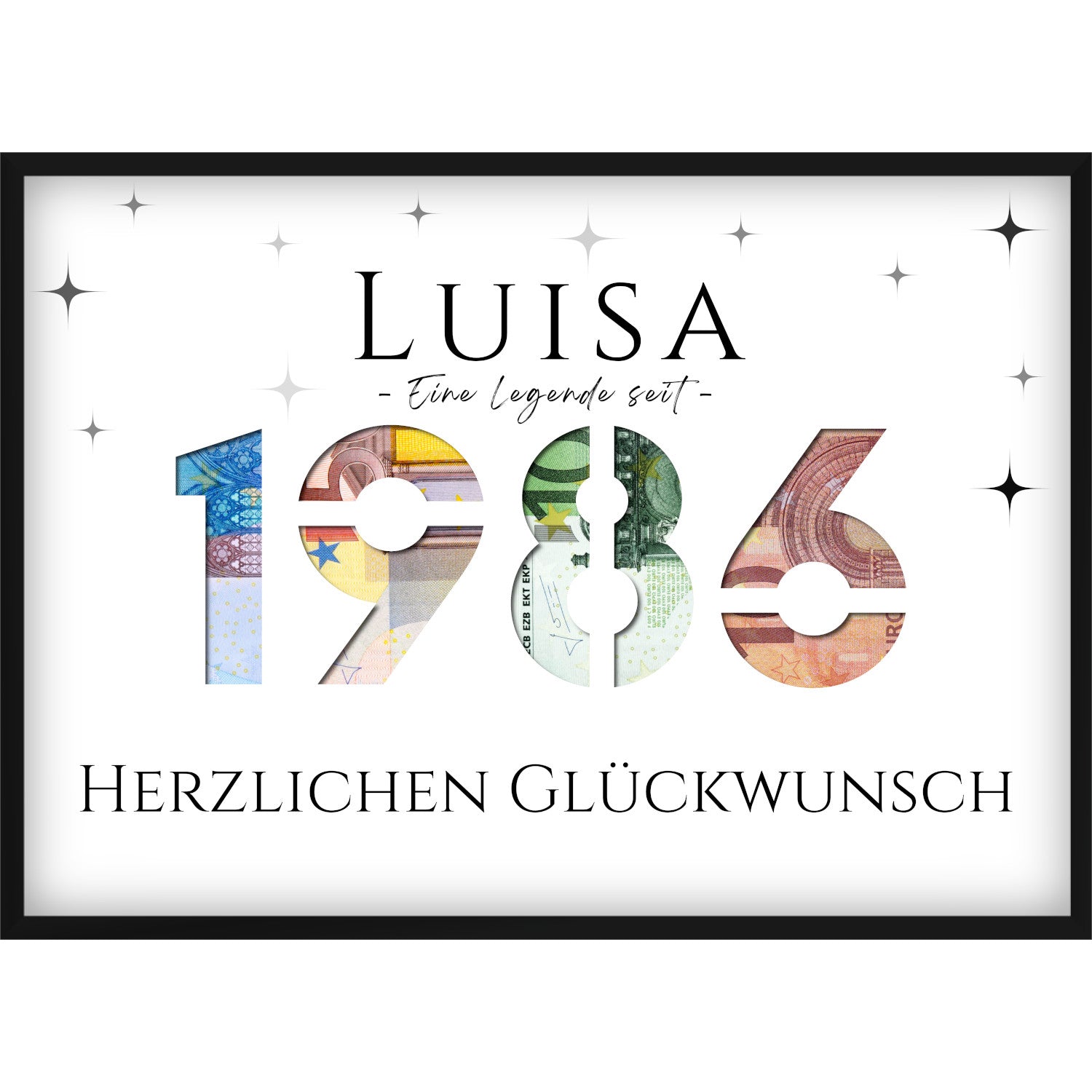 Geldgeschenk zum 40. Geburtstag 1986 – Personalisiertes Poster mit Jahreszahl & Name