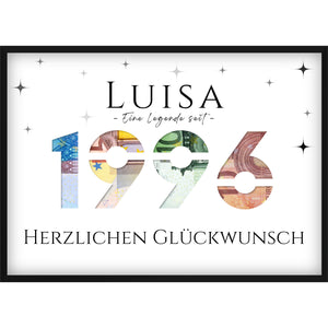 Geldgeschenk zum 30. Geburtstag 1996 – Personalisiertes Poster mit Jahreszahl & Name