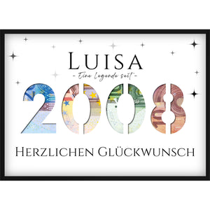 Geldgeschenk zum 18. Geburtstag 2008 – Personalisiertes Poster mit Jahreszahl & Name