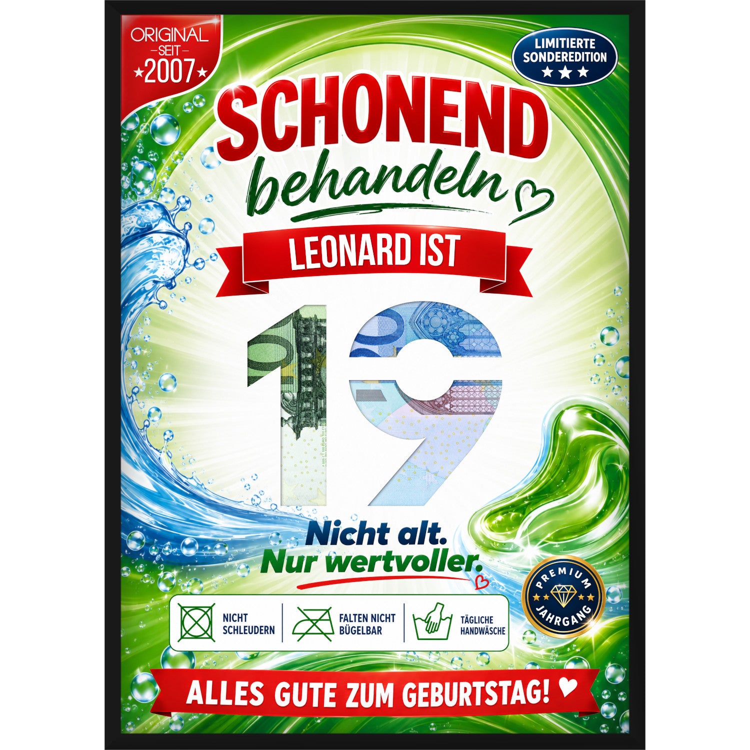 Personalisiertes Geldgeschenk zum 19. Geburtstag im Waschmittel-Design mit Wunschname und ausgestanzter Zahl