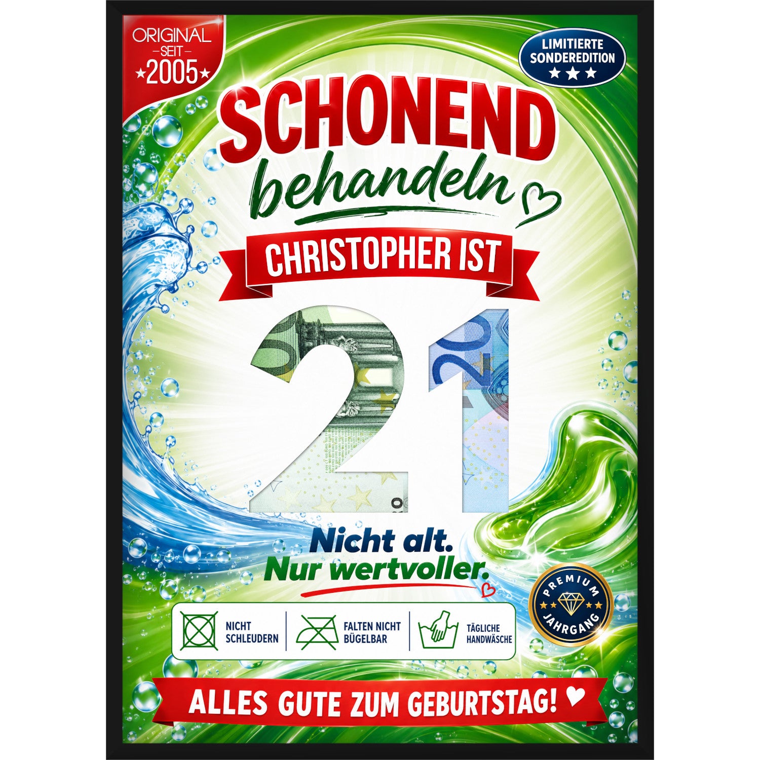 Personalisiertes Geldgeschenk zum 21. Geburtstag im Waschmittel-Design mit Wunschname und ausgestanzter Zahl