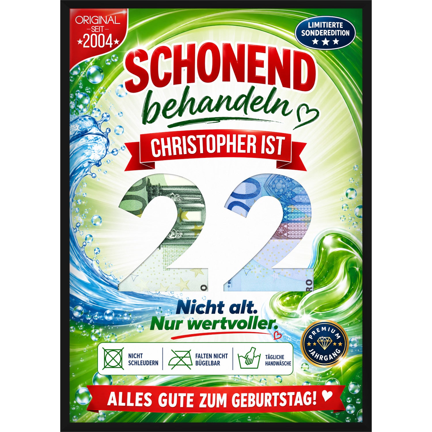 Personalisiertes Geldgeschenk zum 22. Geburtstag im Waschmittel-Design mit Wunschname und ausgestanzter Zahl