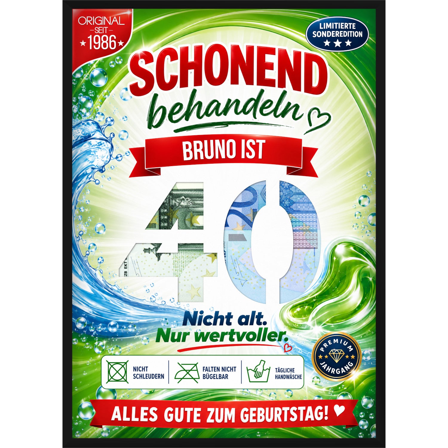 Personalisiertes Geldgeschenk zum 40. Geburtstag im Waschmittel-Design mit Wunschname und ausgestanzter Zahl