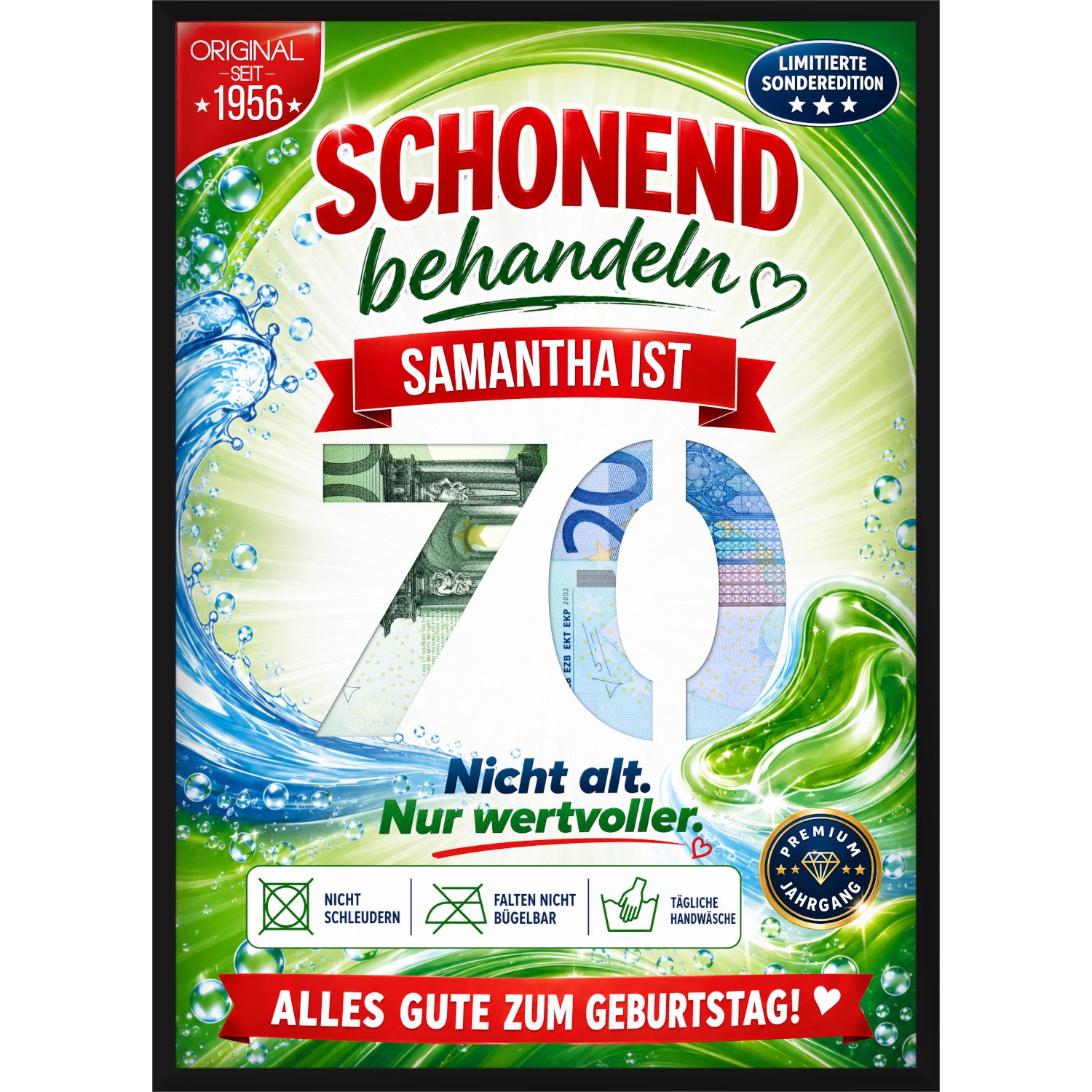 Personalisiertes Geldgeschenk zum 70. Geburtstag im Waschmittel-Design mit Wunschname und ausgestanzter Zahl