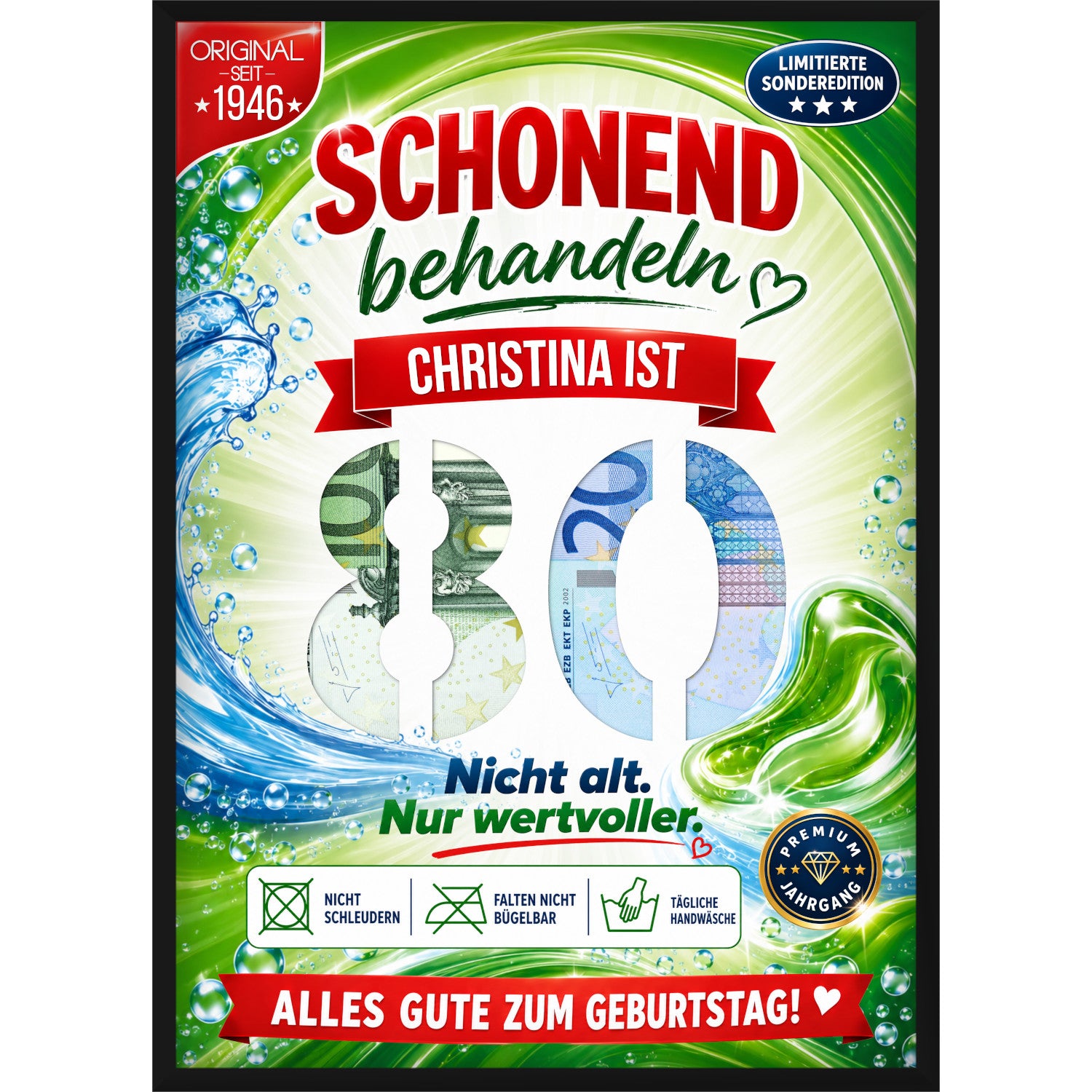Personalisiertes Geldgeschenk zum 80. Geburtstag im Waschmittel-Design mit Wunschname und ausgestanzter Zahl