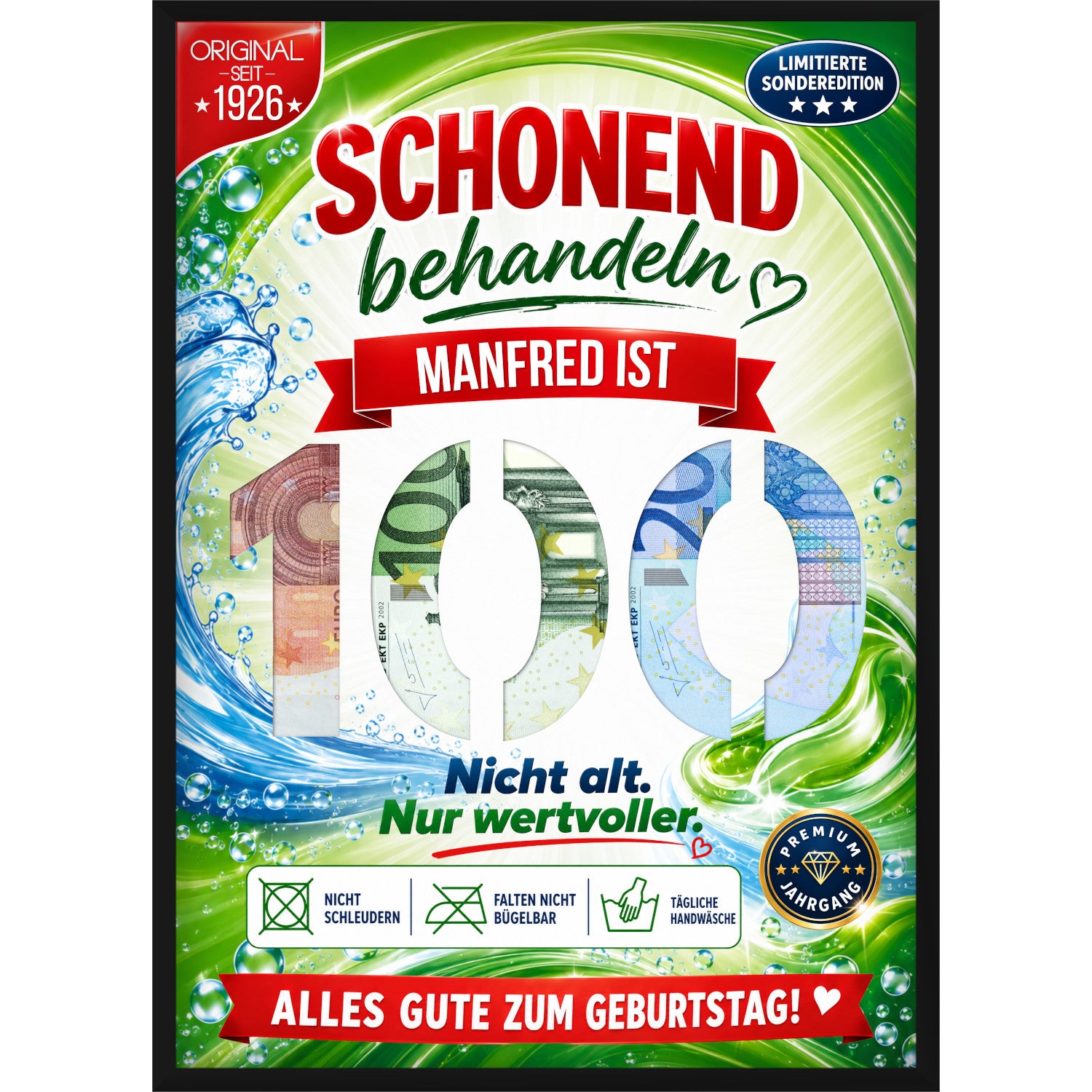 Personalisiertes Geldgeschenk zum 100. Geburtstag im Waschmittel-Design mit Wunschname und ausgestanzter Zahl